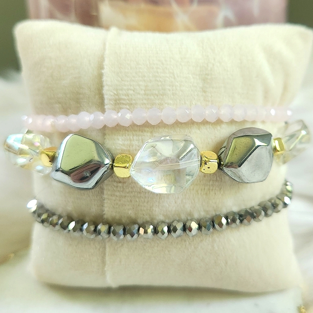 NWT Ryze Iridescent, Chrome, and Pale Pink Colored Beaded Staxx Bracelets - Picture 4 of 6